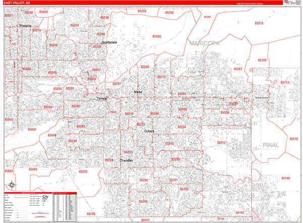 East Valley Metro Area Wall Map Red Line Style